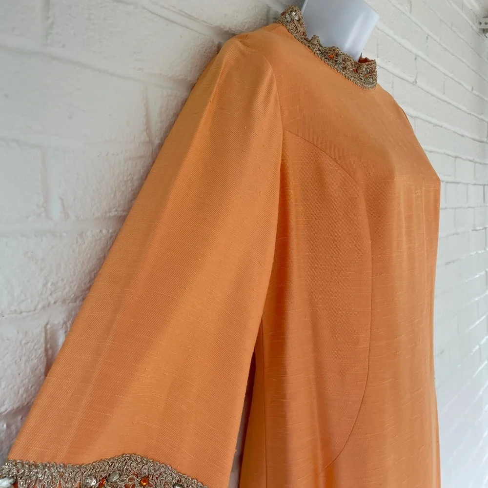 Bespoke Vintage Orange Shantung Silk Dress with Embellished Neckline - Picture 4 of 10